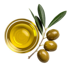 Olive oil in glass bowl with green olives and leaves isolated on transparent background, top view.