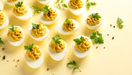 A beautifully arranged set of classic deviled eggs sits on a soft pale yellow background, showcasing a delicious appetizer with creamy filling in an elegant, minimal presentation style