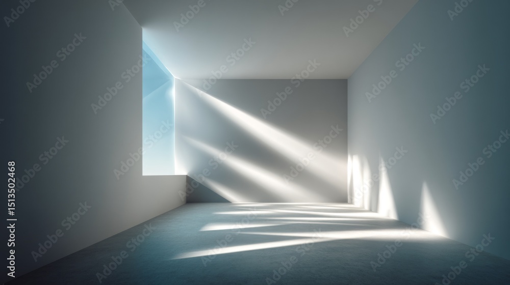 Poster A bright white room features sunlight pouring in through a large window. Light beams create intricate patterns on the floor and walls, enhancing the spaciousness and simplicity of the design