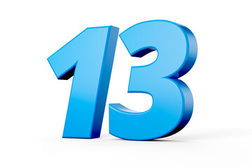 Blue shiny 3d number 13 or Thirteen on white background with shadow. 3d illustration.