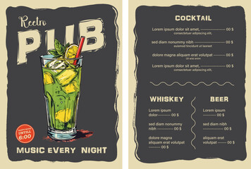 Vintage-style pub menu design hand-drawn illustrations cocktail glass, cocktail elements in a vintage style with bold accents