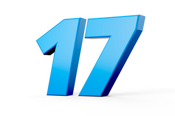 Blue shiny 3d number 17 or Seventeen on white background with shadow. 3d illustration.