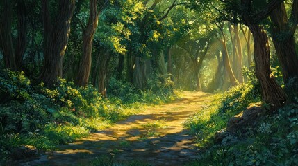 Sun-Drenched Forest Path: An Enchanting Trail through Emerald Green Woods