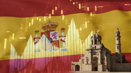 Spain Economy Stock Market: Spanish Flag and Ruined Church Finance - Powered by Adobe