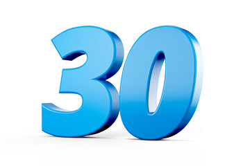 Blue shiny 3d number 30 or Thirty on white background with shadow. 3d illustration