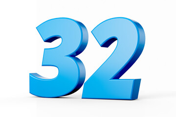 Blue shiny 3d number 32 or Thirty Two on white background with shadow. 3d illustration