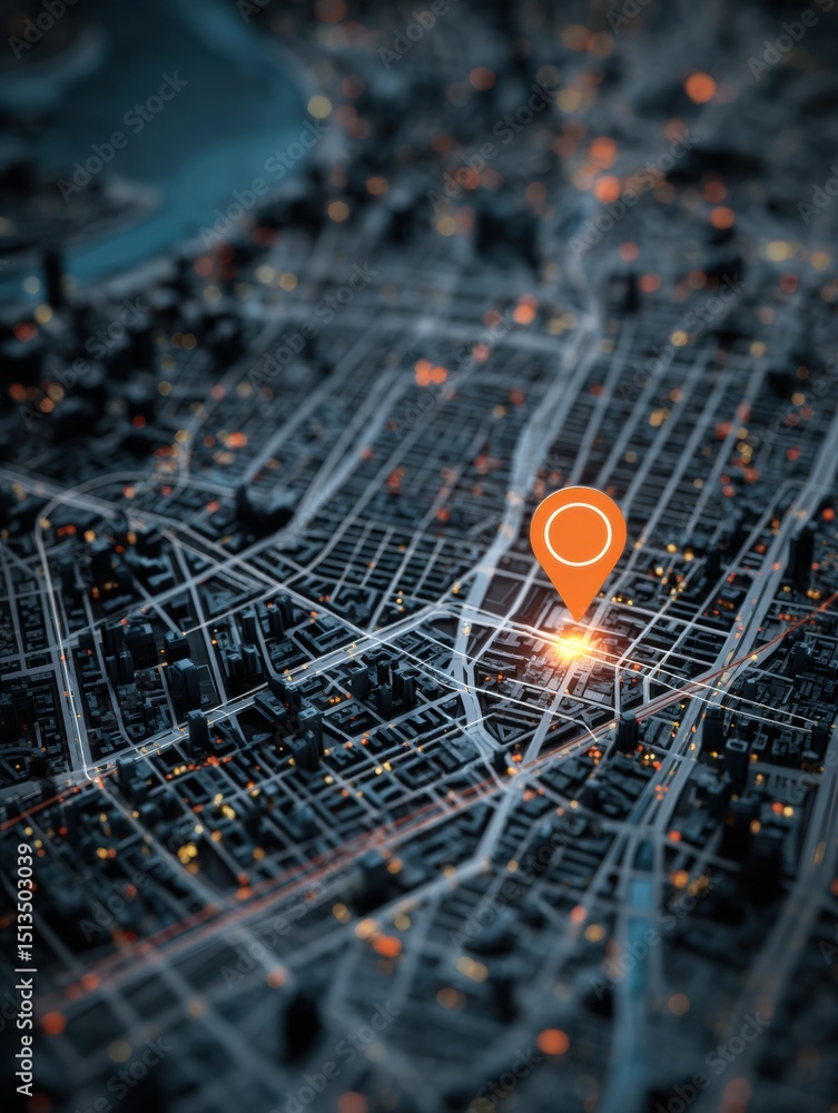 Aufkleber Digital Map Displaying Delivery Icon Navigating Through Urban Grid Layout With Clear Left Margin in an Active City Environment
