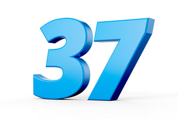 Blue shiny 3d number 37 or Thirty Seven on white background with shadow. 3d illustration