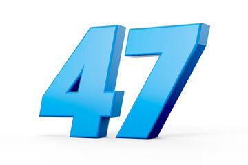 Blue shiny 3d number 47 or Forty Seven on white background with shadow. 3d illustration