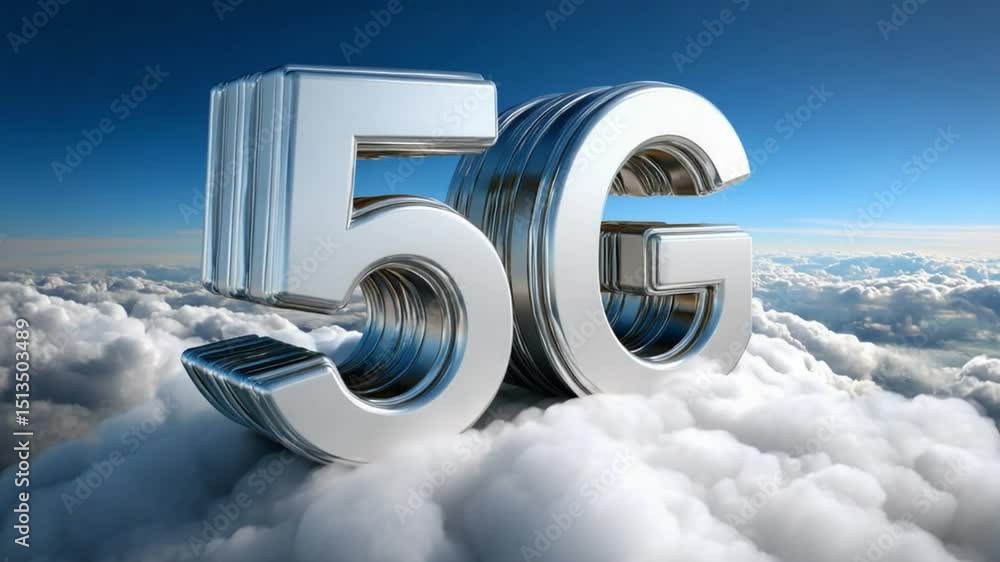 Aufkleber 5g network in the clouds: futuristic 3d rendering of large metallic 5g symbol in the clouds, represe