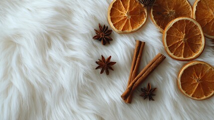 Arrangement of dried oranges, cinnamon sticks, and star anise, top-down on white fur rug