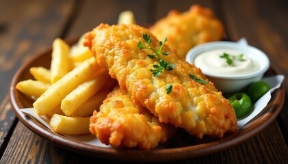 Fototapeta premium Crispy golden fish and chips with creamy tartar sauce , batter, plating, british