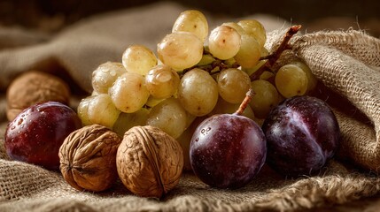 Obraz premium Arrangement of golden grapes, plums and walnuts on burlap fabric, cozy warm tones