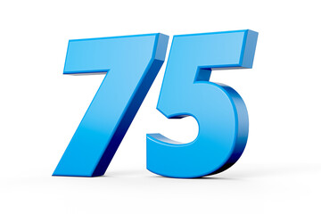 Blue shiny 3d number 75 or Seventy five on white background with shadow. 3d illustration