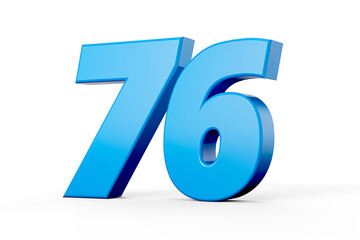 Blue shiny 3d number 76 or Seventy six on white background with shadow. 3d illustration