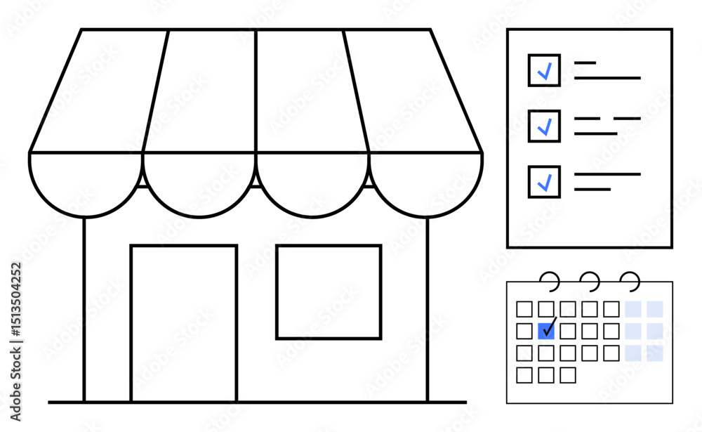 Poster storefront with an awning in focus, accompanied by a checklist and calendar with highlighted date. i