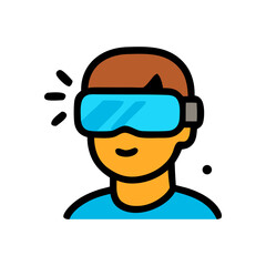 Cartoon person with VR headset brown hair blue shirt and yellow skin tone flat design illustration