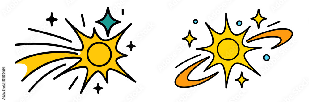 Poster bright sun illustrations with dynamic rays and sparkles for vibrant design concepts