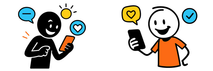 People engaged in friendly conversation through mobile devices, enjoying positive interactions and expressions of happiness