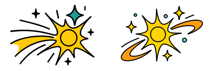 Bright sun illustrations with dynamic rays and sparkles for vibrant design concepts