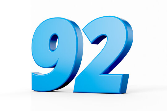 Blue shiny 3d number 92 or Ninety two on white background with shadow. 3d illustration