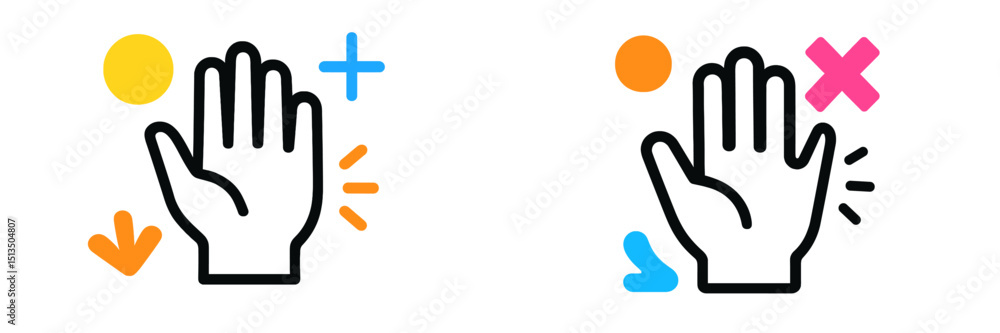 Poster hand gestures with colorful graphic elements illustrating concepts of interaction and expression in 