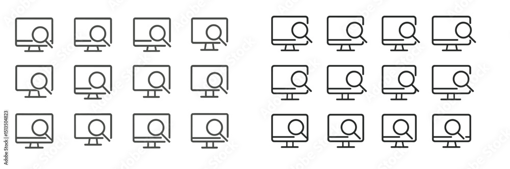 Poster multiple computer screens with magnifying glasses indicating research and analysis activities in an 