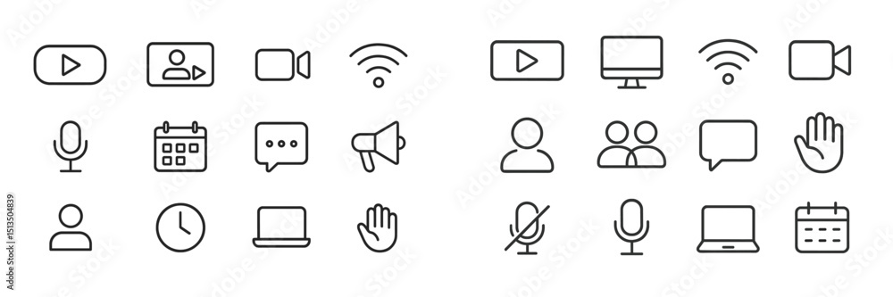 Poster multimedia icons representing communication and technology in a digital workspace setting