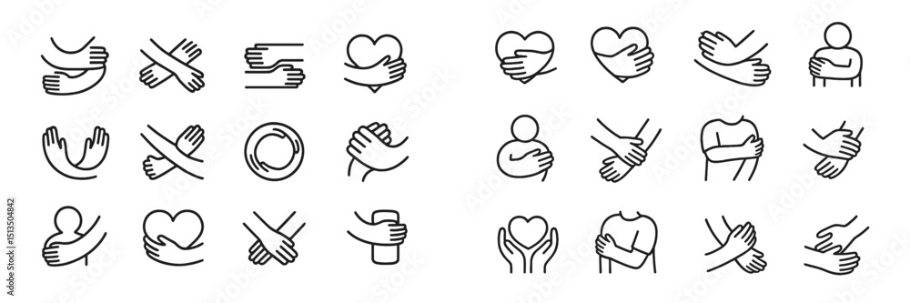 Poster embracing connection through diverse illustrations of hugs and warm gestures in various styles