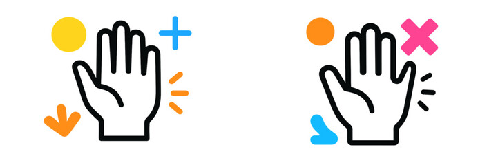 Hand gestures with colorful graphic elements illustrating concepts of interaction and expression in modern design contexts