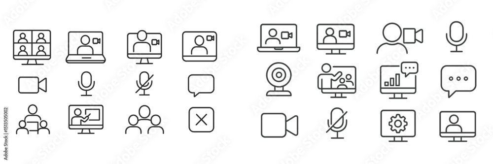 Poster collection of icons representing various aspects of virtual communication and meeting technology in 