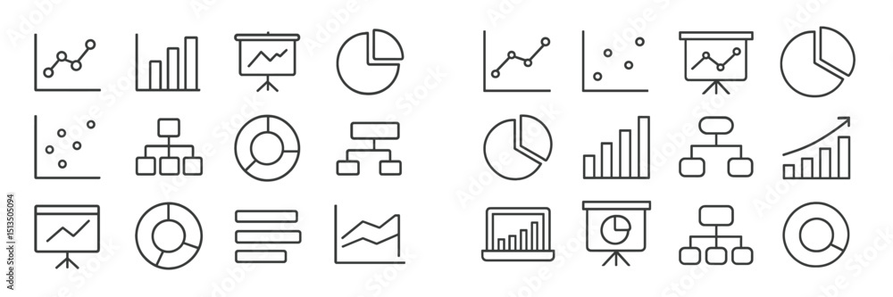 Poster various chart and graph illustrations for data visualization and analysis in a modern design style