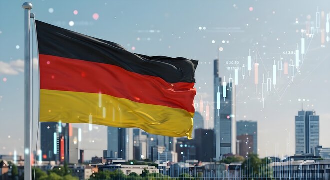 German flag with city skyline and stock market graph, symbolizing economic growth.