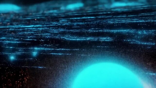 Abstract binary code pulses with glowing blue light, creating a dynamic, futuristic digital wave in the dark space
