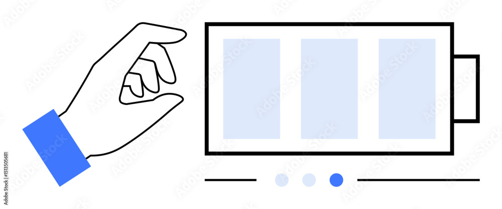 Poster gesture-based interaction, hand reaching slider with three panels and navigation dots. ideal for ui 