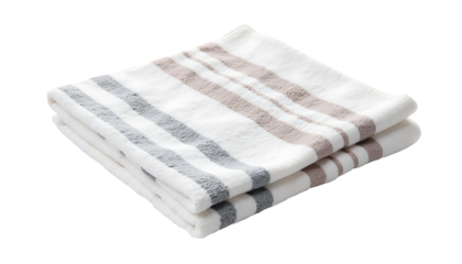 Folded white towel with grey and brown stripes