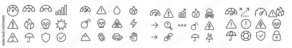 Poster collection of various warning symbols and icons for safety and hazard communication displayed in a c