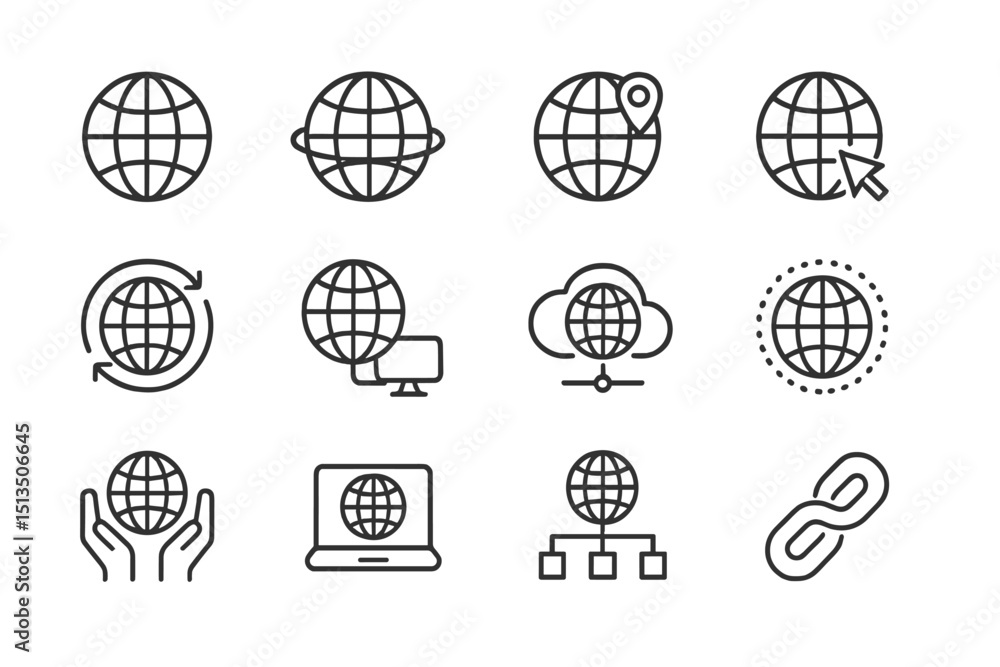 Poster global connectivity icons showcasing various digital interactions and network symbolism on a clean w