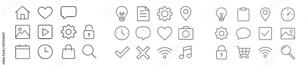 Poster collection of simple line icons representing various concepts in digital design, organized in a grid