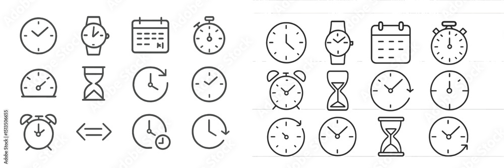 Poster array of clock and timer icons showcasing various time-related concepts in a minimalist design style