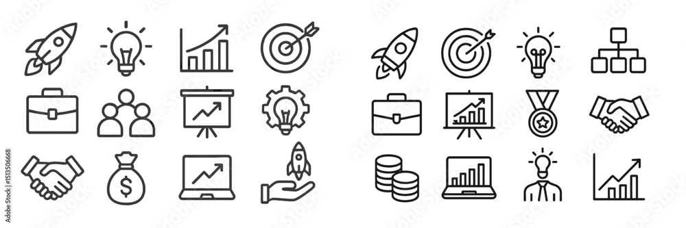Poster visually engaging collection of business and innovation icons in a minimalist style showcasing succe