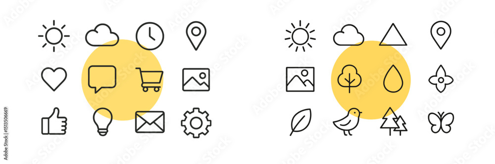 Poster collection of simple line icons representing various concepts and activities in a bright and cheerfu