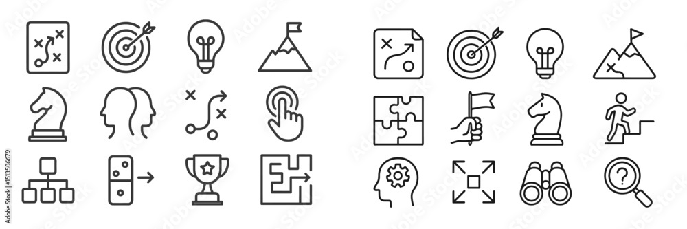 Poster creative icons representing strategy, innovation, problem-solving, and teamwork in a minimalist desi