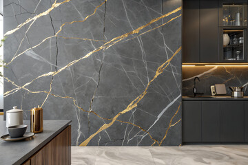 Luxurious modern kitchen with a dramatic dark gray marble feature wall accented by gold veins, matte black cabinets, and marble floors. generative ai