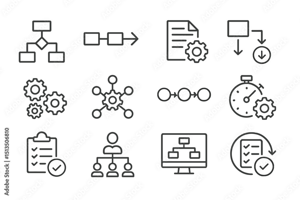 Poster workflow diagrams illustrating processes, documents, and project management in a minimalist design s