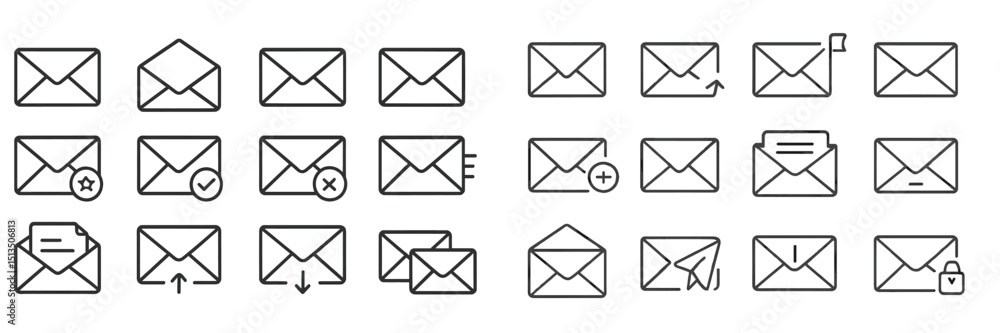 Poster collection of envelope icons representing various email activities and statuses in a minimalist desi