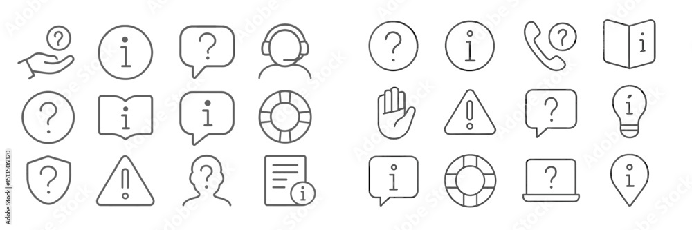 Poster collection of icons representing information and assistance for various contexts and users