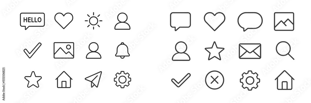 Poster collection of simple line icons featuring communication symbols and everyday objects on a clean back