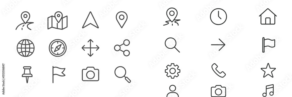 Poster vector icons representing navigation tools and services for maps, locations, and communication