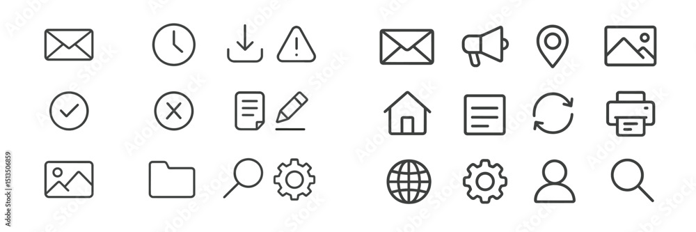 Poster collection of simple icons representing various digital communication and productivity tools